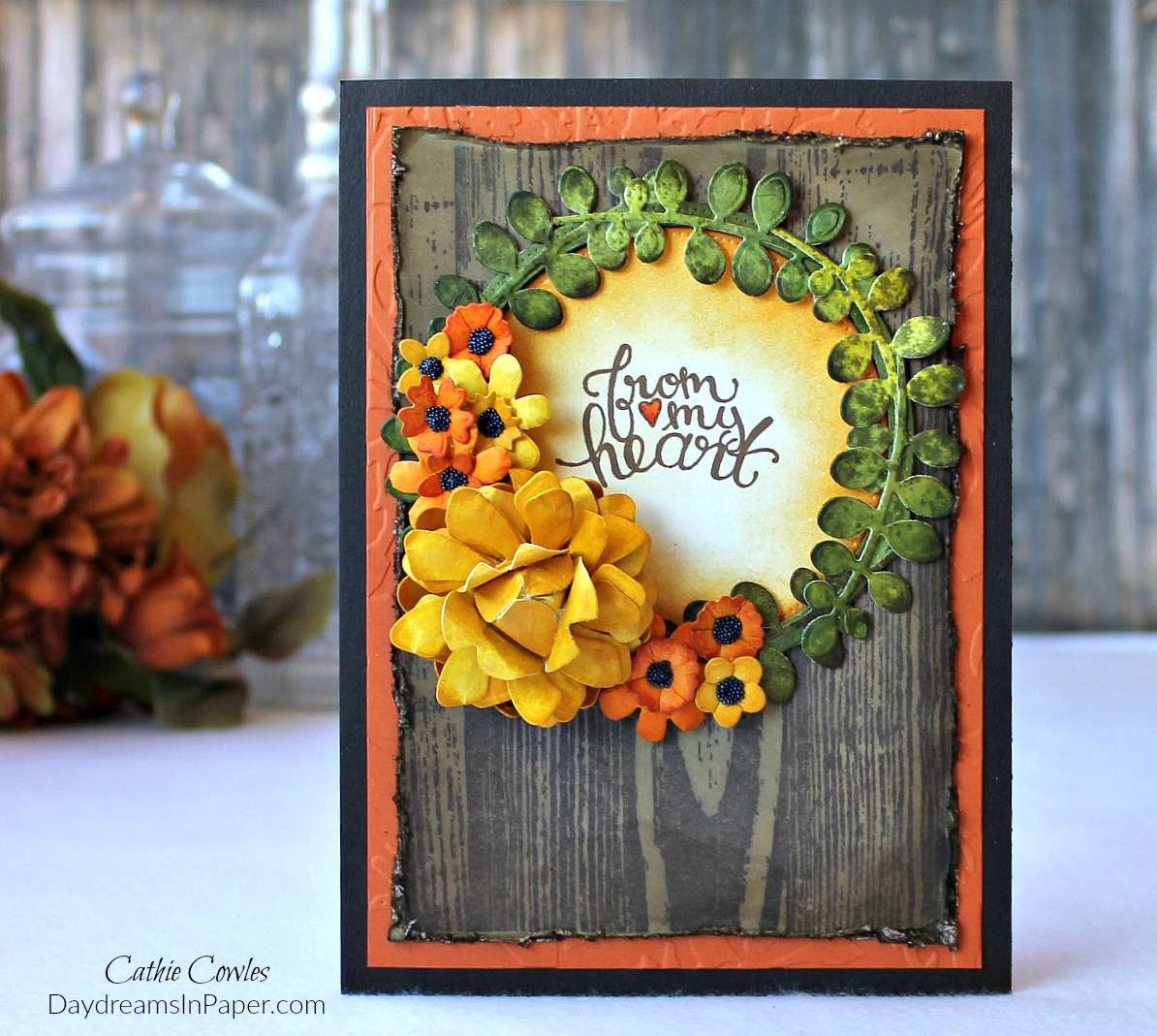 Handmade card with wreath and handmade flowers